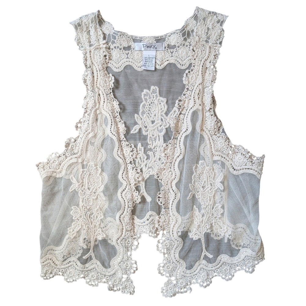 Vintage Y2K Ivory Cottage Fairy Boho Lace Sheer Crochet Cotton Vest